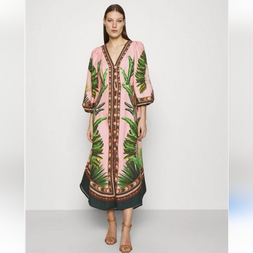 FARM RIO Amazonia Forest Linen Blend Midi Dress